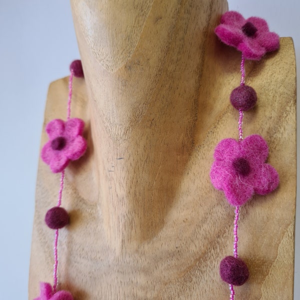 Pink Flower Felt Necklace With Beads • Handmade Jewellery From Nepal