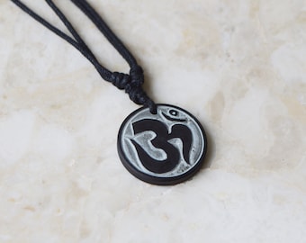Om Carved Stone Necklace • Handmade Aum Pendant Adjustable Cotton Cord • Buddhist Hindu Spiritual Symbol Unisex Men Women Choker
