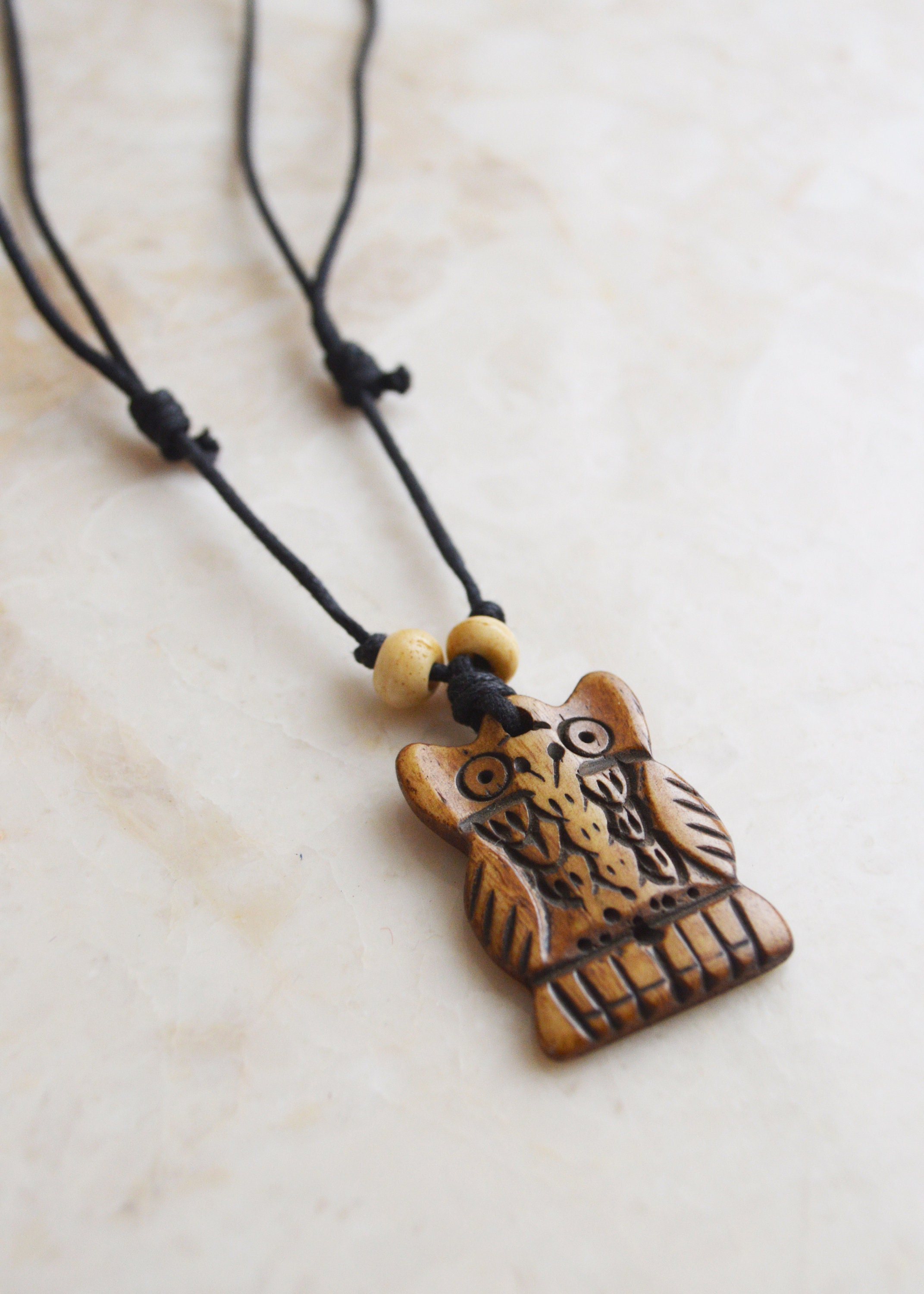 Owl Bone Necklace &bull; Hand Carved Cute Pendant Adjustable Cotton Cord &bull; Boho Traveller Unise