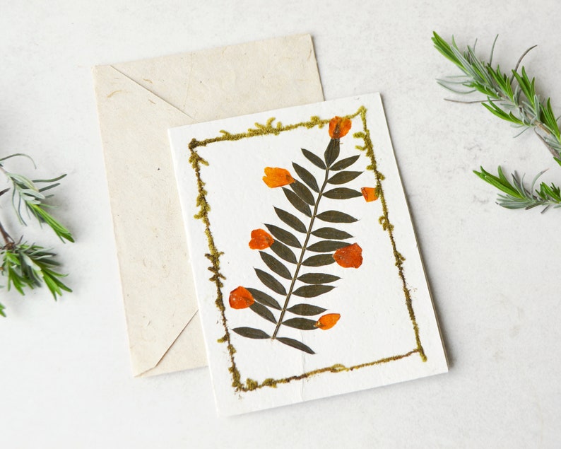 Natural Dried Flowers & Leaves Gift Card Eco Friendly Nature Lokta Paper Handmade Spring Blank Greetings Card image 1