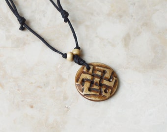 Tibetan Endless Knot Bone Necklace • Hand Carved Pendant Adjustable Cotton Cord • Buddhist Symbol Infinity Unisex Men Women Choker