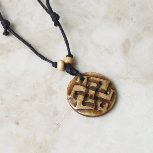 Tibetan Endless Knot Bone Necklace • Hand Carved Pendant Adjustable Cotton Cord • Buddhist Symbol Infinity Unisex Men Women Choker