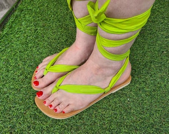 Cute Lime Green Gladiator Sandals Women's Lace Up Sandals With