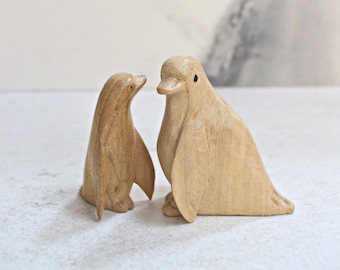 Baby & Mummy Wooden Penguin Carvings • Balinese Hand Carved Natural Penguin Decoration / Toy • Cute Gift Idea for Kids, Ocean Animal Lovers