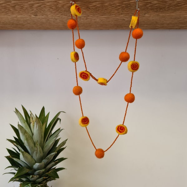 Orange Pom Pom Felt Necklace With Beads • Handmade Jewellery From Nepal