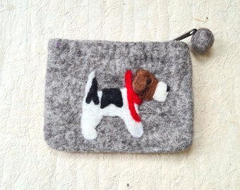 Grey Felt Purse With Dog • Cute Handmade Coin Money Pouch  • Lovely Gift for Kids, Mother, Friend