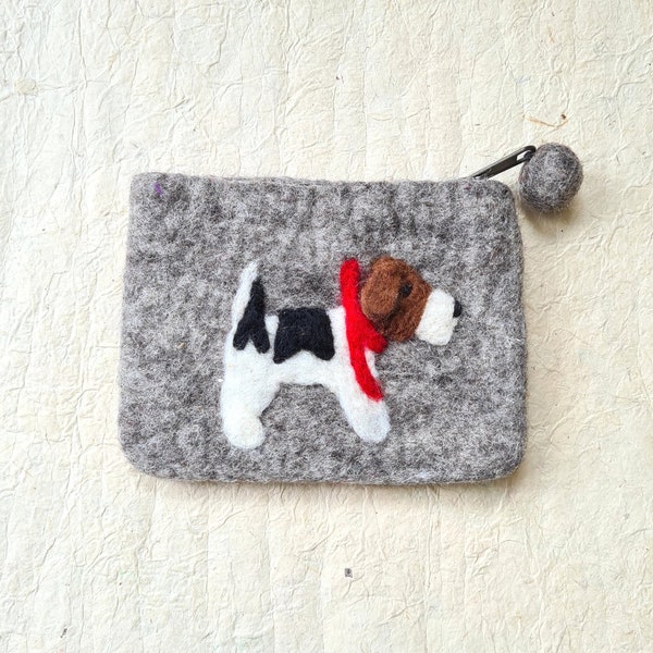 Grey Felt Purse With Dog • Cute Handmade Coin Money Pouch  • Lovely Gift for Kids, Mother, Friend