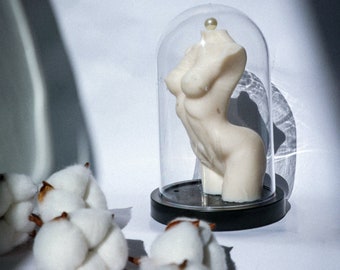Op de afbeelding: Een wit keramisch beeld van een vrouwelijk torso onder een glazen stolp op een zwarte basis. Het beeld is omringd door witte wattenbolletjes.