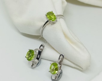 Conjunto de joyas de peridoto natural en plata de ley 925, pendientes de plata de peridoto, anillo, conjunto de joyas de piedra verde para mujeres y niñas, regalo de bodas