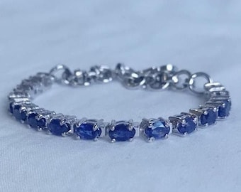 Bangkok Blauer Saphir Tennis Oval Armband, 925 Sterling Silber Armband, Blauer Saphir Armband, handgemachtes Armband Schmuck Geschenk