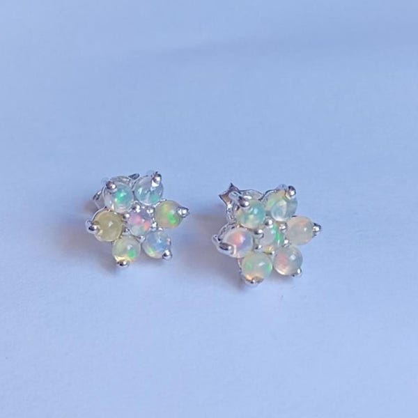 Natural Fire Opal Flower Stud Earrings | 925 Sterling Silver|  Dainty Handmade Floral Earrings | Women's Earrings Gift for her