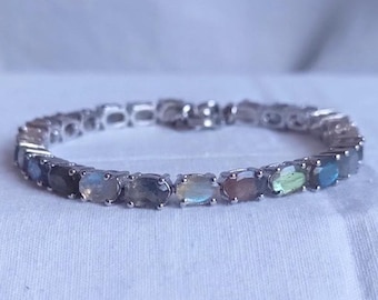 Natürliche Labradorit Oval Tennis Armband, 925 Sterling Silber, Labradorit Blau Grün Blitz Armband, Labradorit handgemachte Armband Schmuck