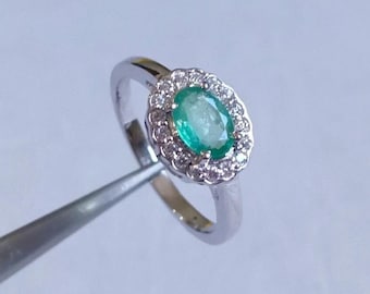 Natural Emerald Oval Silver Zircon Halo Ring, Emerald Oval Handmade Ring, 925 Sterling Silver, Emerald Ring For Women, Engagement Fine Ring