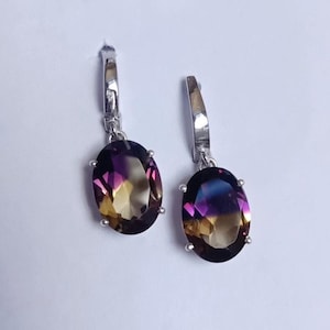 Ametrine Earrings Oval Shape Dangle Earrings | 925 Sterling Silver | Yellow Purple Bicolor Gemstone Handmade Fine Jewelry | Gift for Her