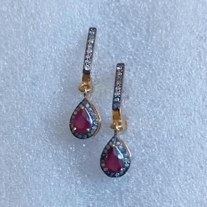 Ruby & Diamond Dangle Teardrop Earrings • 925 Sterling Gold Plated Silver • July Birthstone • Elegant Red Gemstone Jewelry • Gift for Her