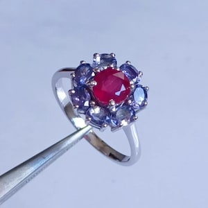以下が含まれることがあります： 中央に大きな丸い深紅色の宝石、周囲に小さな楕円形の青紫色の石が配置されたシルバーリング。明るい背景に対してピンセットでリングが保持されています。リングのデザインは花に似ています。