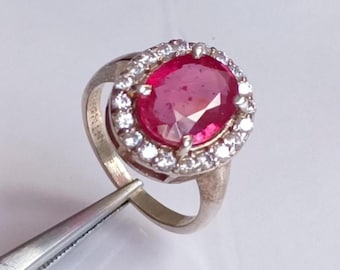 Red Ruby Oval Cut Zircon Halo Ring | 925 Sterling Silver Ring | July Birthstone Gift for Her | Engagement Ring | Ruby Promise Ring Jewelry