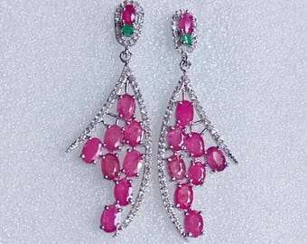 Pink Ruby & Diamond Dangle Cluster Earrings | 925 Sterling Silver | Handmade Drop Earrings | July Birthstone Handmade Jewelry | Gift for Her