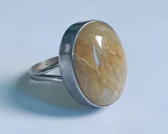 Natural Rutilated Quartz Ring | 925 Sterling Silver | Handmade Oval Cabochon Gemstone Jewelry | Bohemian Style Ring | Rutilated Man's Ring