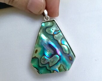 Natural Abalone Shell Triangle Silver Pendant, Green Blue Paua Abalone Sea Shell Jewelry, Boho Sea Shell Jewelry, Hypoallergenic Jewelry
