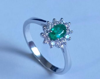 Natural Emerald Oval Halo Ring | 925 Sterling Silver | Women's Handmade Jewelry | Gift for her