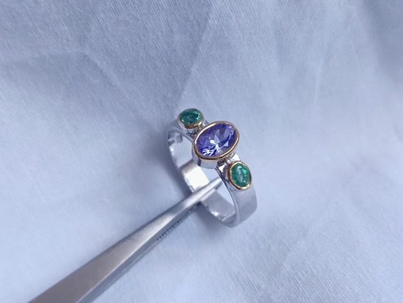 Natural Tanzanite & Emerald Oval Ring, 925 Sterling Silver, Birthstone Silver Ring, Precious Gemstones, Tanzanite Emerald Handmade Jewelry