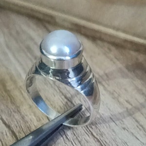 Genuine Round White Pearl Statement Ring | 925 Sterling Silver | June Birthstone Handmade Jewelry Gift | White Freshwater Pearl Wedding Ring