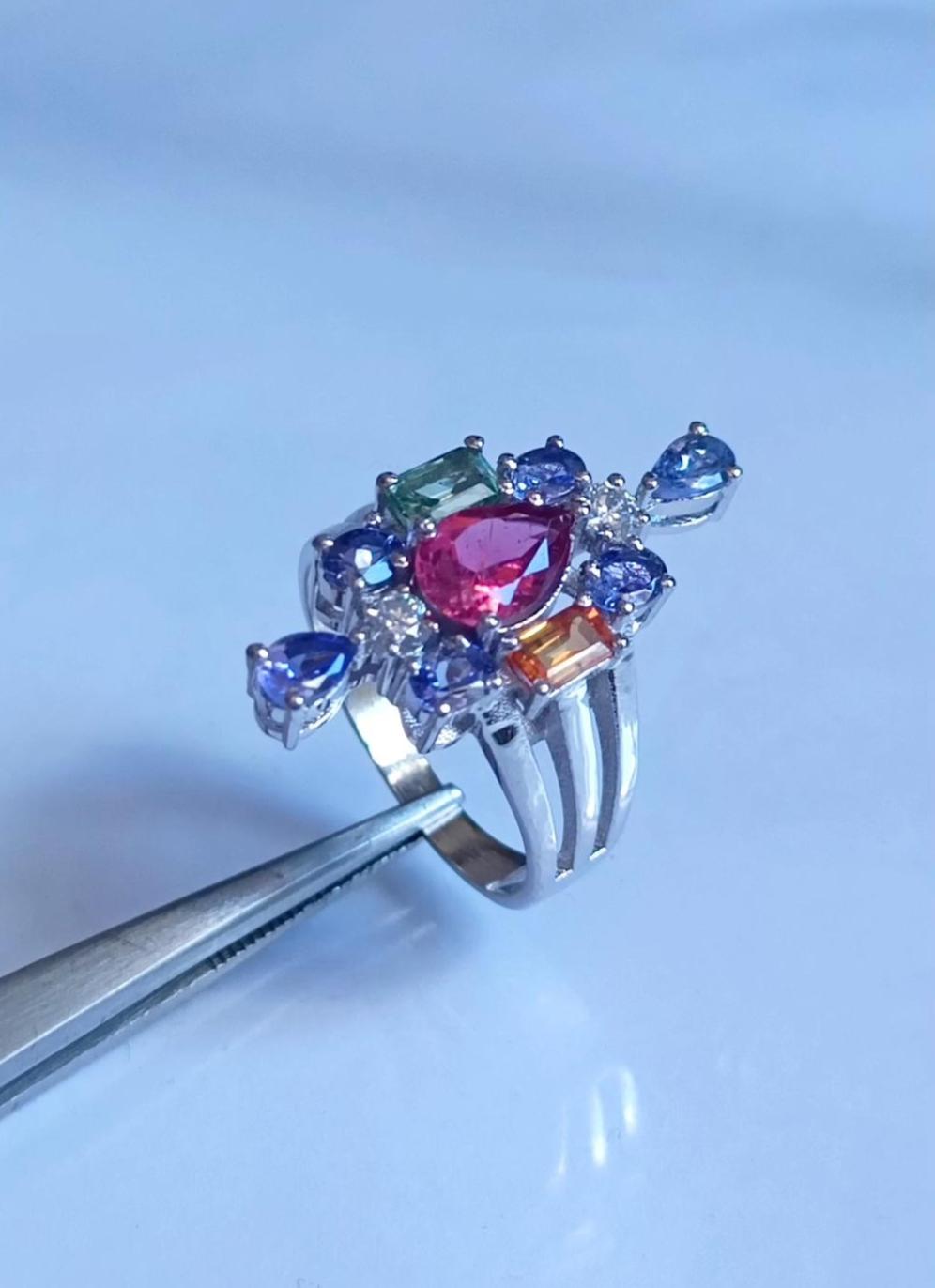 Natürlicher Tansanit und Turmalin Cluster Ring | 925er Silber | Multicolor Edelstein Cocktail Ring | Tansanit Turmalin Schmuck Geschenk