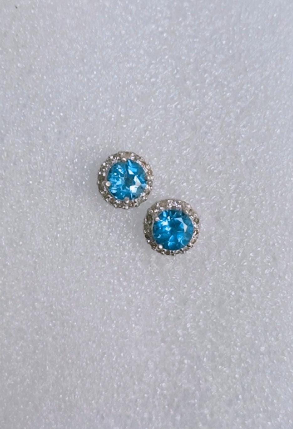Natural Blue Topaz & Diamond Halo Stud Earrings 925 Sterling Silver Topaz Handmade Jewelry Women's Earrings Elegant Earrings Gift