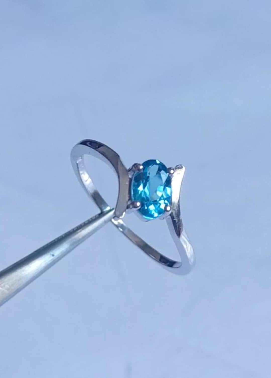 Blue Topaz Sterling Silver Ring | Oval Solitaire Bypass Design - Etsy