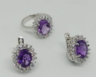 Natural Amethyst Jewelry Set/ 925 Sterling Silver/ February Birthstone/ Amethyst Ring/ Amethyst Earrings/ Amethyst Oval Shape Jewelry Set