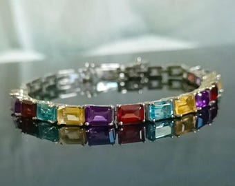 Regenbogen Armband Multicolor Edelstein Armband,925 Sterling Silber Armband, Baguette Multi-Edelstein bunt Armband Schmuck Geschenk für Sie