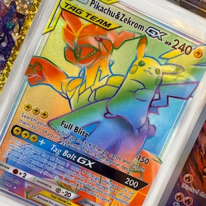 Unofficial Pikachu & Zekrom-GX 184/181 Rainbow Full Art Plastic Picture Binder Page Insert Custom Holo Display Wishlist READ DESCRIPTION