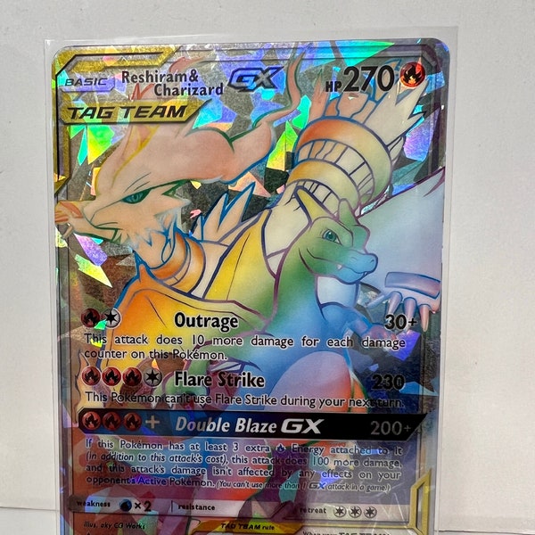 Unofficial Artist Made Reshiram & Charizard GX 217/214 Rainbow Sudomon Card Holo Foil Dramatization Display Plastic Card READ DESCRIPTION