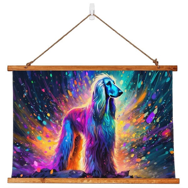 Radiant Afghan Hound: Neon Tapestry in Neon and Fluorescent Colors | Quirky Dog Art | Unique Home Decor