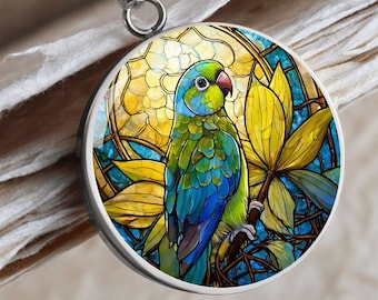Custom Blue Parakeet Stained Glass Necklace: Engraved Bird Pendant