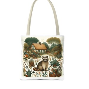Raccoon Cottagecore Tote Bag: Woodland Art Travel Tote