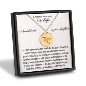 Loss of Twin Sister Hummingbird Necklace, Sorry for your loss, Twin Sister memorial, Sympathy Gift, Loss of Twin Sister, Bereavement gift