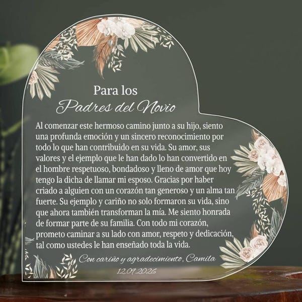 Personalized Acrylic Heart Plaque, Spanish Wedding Gift for Groom's Parents