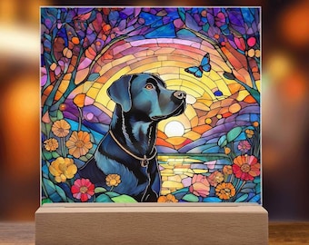 Black Lab Stained Glass Acrylic Plaque: LED Nightlight, Dog Memorial