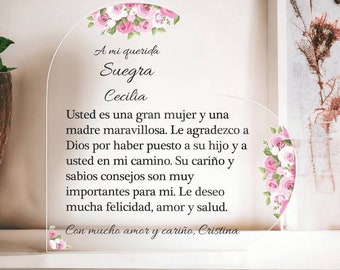 Regalo para Suegra, Personalized Acrylic Plaque, Gift for Mother in Law in Spanish, Día de la madre en español, Mother's Day, Birthday Gift