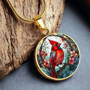 Custom Cardinal Stained Glass Engraved Necklace Personalized Bird Pendant Unique Handcrafted Jewelry for Nature Lovers Memorial Keepsake