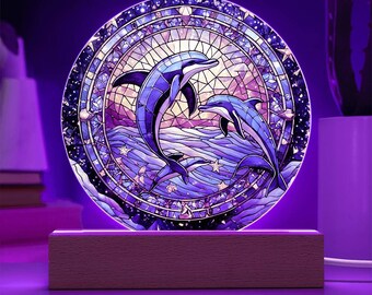 イルカのステンドグラス風アクリルプラーク：星月夜の航海装飾 - Etsy 日本