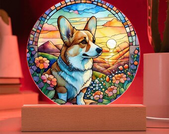 コーギー パピー 子犬 ガラスのカッティングボート コーギー犬 LEDナイトライト：アクリル製ペットポートレートランプ