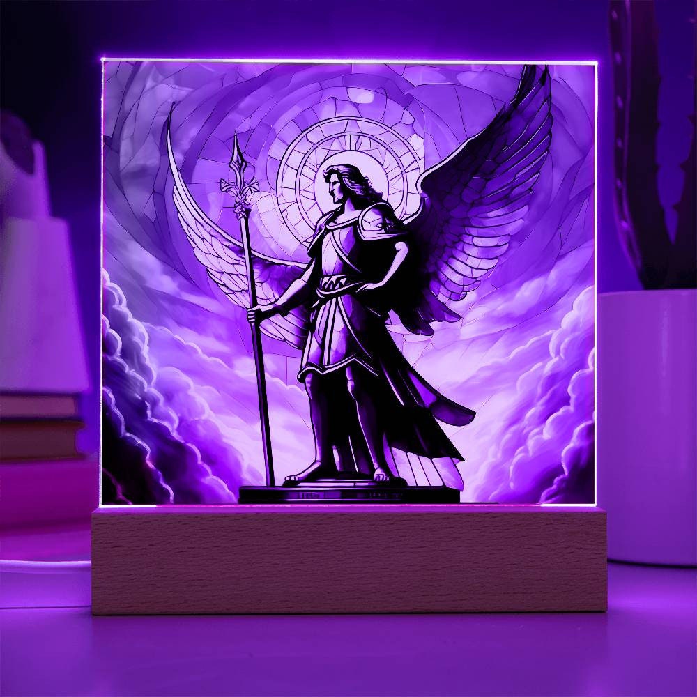 天使の翼デザイン ガラス絵　ディスプレー　照明付けパネル　0279KD 大天使ミカエルのステンドグラス風アクリル製飾り板、LEDナイトライト