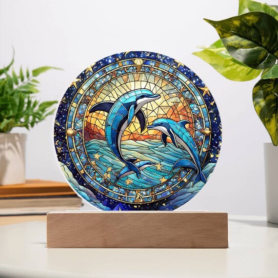 イルカのステンドグラス風アクリルプラーク：星月夜の航海装飾 - Etsy 日本