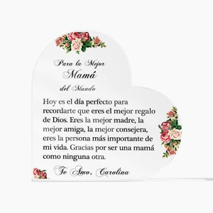 Regalo para mamá, Regalo personalizado del Día de la Madre en español, Placa de corazón acrílico del Día de la Madre, Regalo para mamá en español, Regalo de cumpleaños