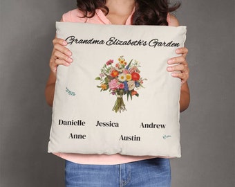 Grandma's Garden Personalized Pillow Flower Pillow, Mother's Day Gift for Granny from Grandkids, Birthday Gift for Grandmother Home Decor