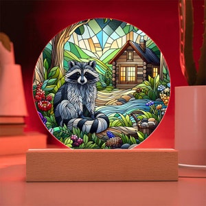 Raccoon Stained Glass Acrylic Plaque, Raccoon lover gifts, Raccoon Acrylic Nightlight, Wildlife lamp, Cottage Core Home Decor, Nature lovers