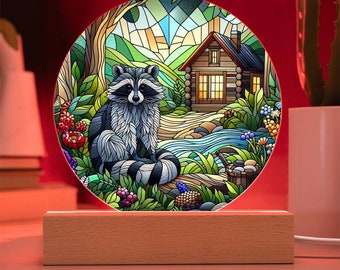 Raccoon Stained Glass Acrylic Plaque: Cottagecore Wildlife Lamp